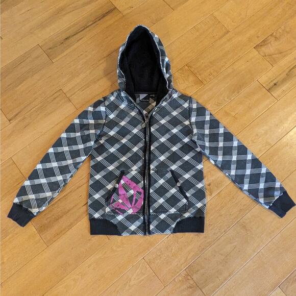 Volcom Womens Gray Black Plaid Flannel Zip Hoodie Hoody Y2K Skater Gear Jacket - Picture 1 of 10
